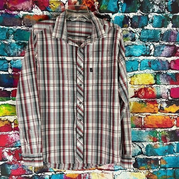 Travis Mathew Plaid Long Sleeve Button Down Shirt Red Gray Size Medium - Picture 1 of 7